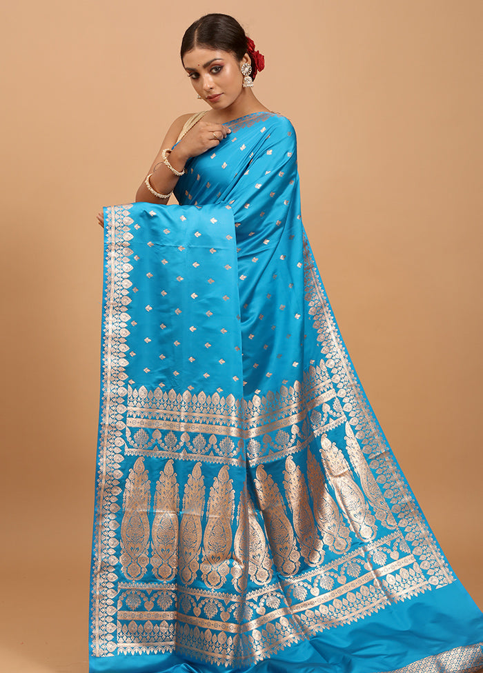 Blue Banarasi Silk Saree With Blouse Piece