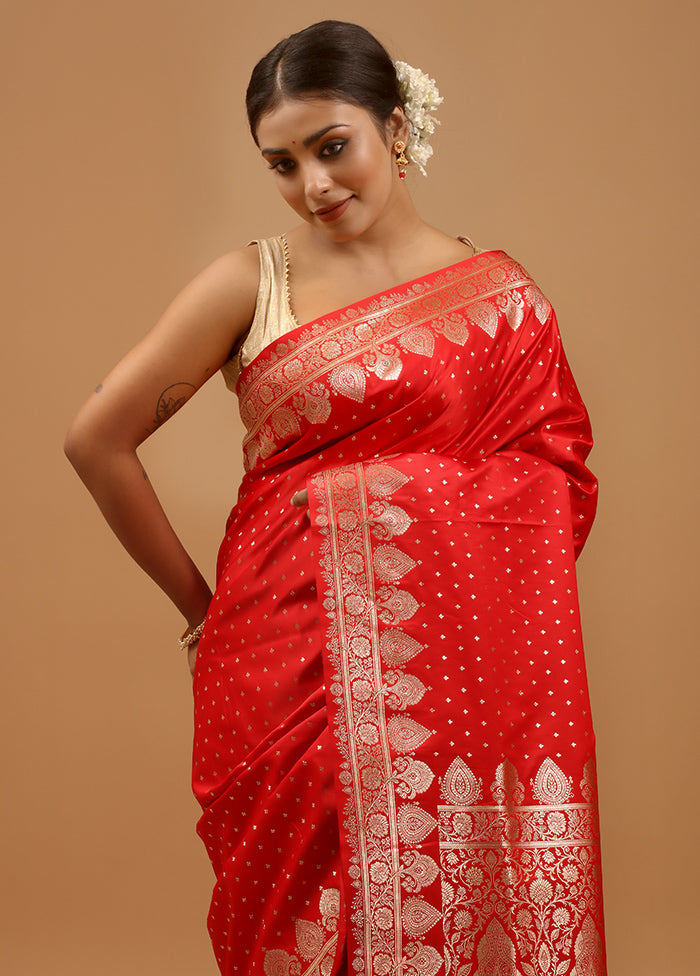 Red Banarasi Silk Saree With Blouse Piece