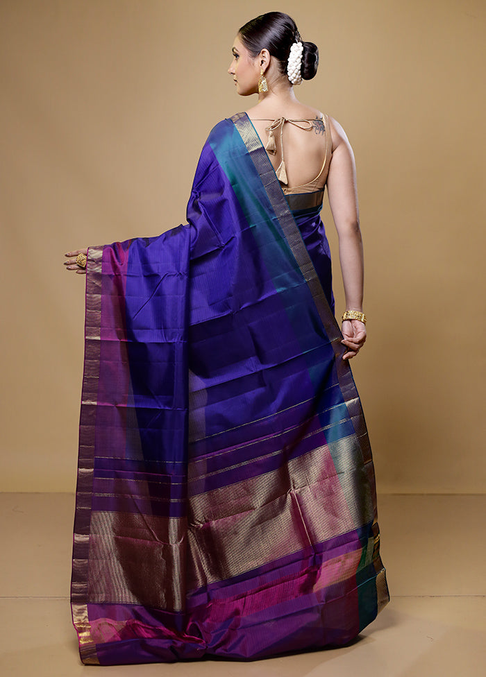 Blue Handloom Kanjivaram Pure Silk Saree With Blouse Piece