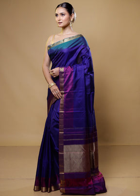 Blue Handloom Kanjivaram Pure Silk Saree With Blouse Piece