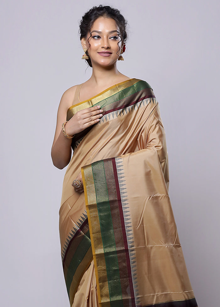 Cream Handloom Kanjivaram Pure Silk Saree With Blouse Piece