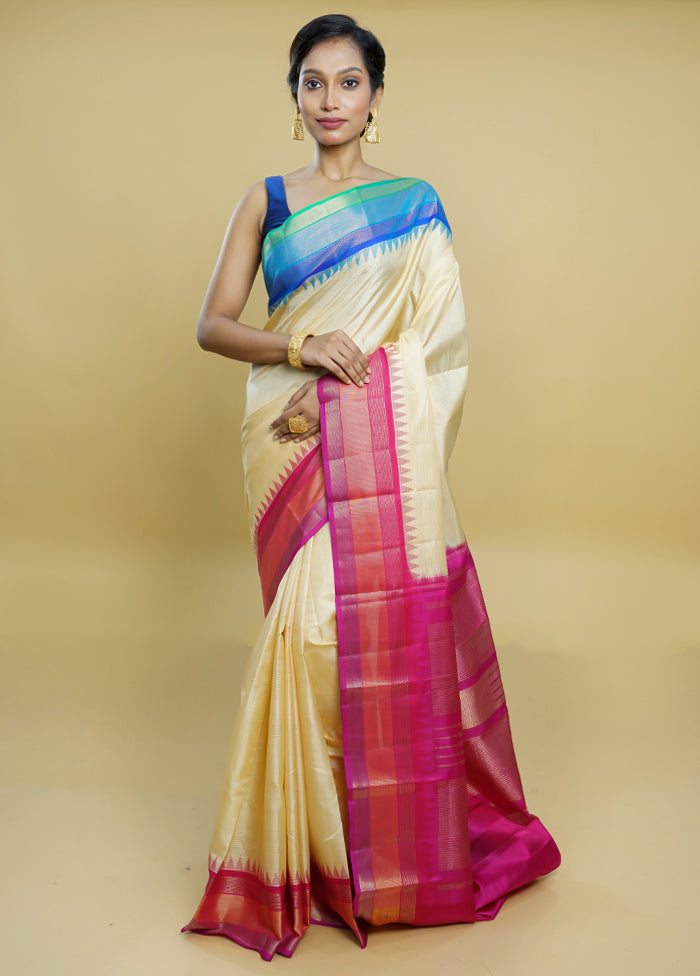 Cream Handloom Kanjivaram Pure Silk Saree With Blouse Piece