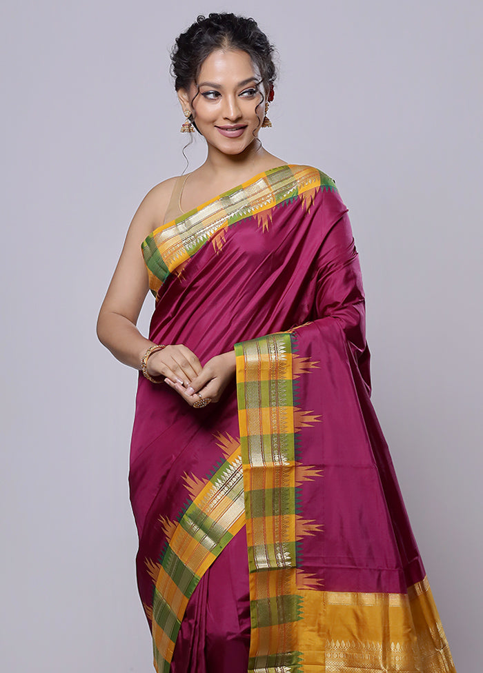 Purple Handloom Kanjivaram Pure Silk Saree With Blouse Piece