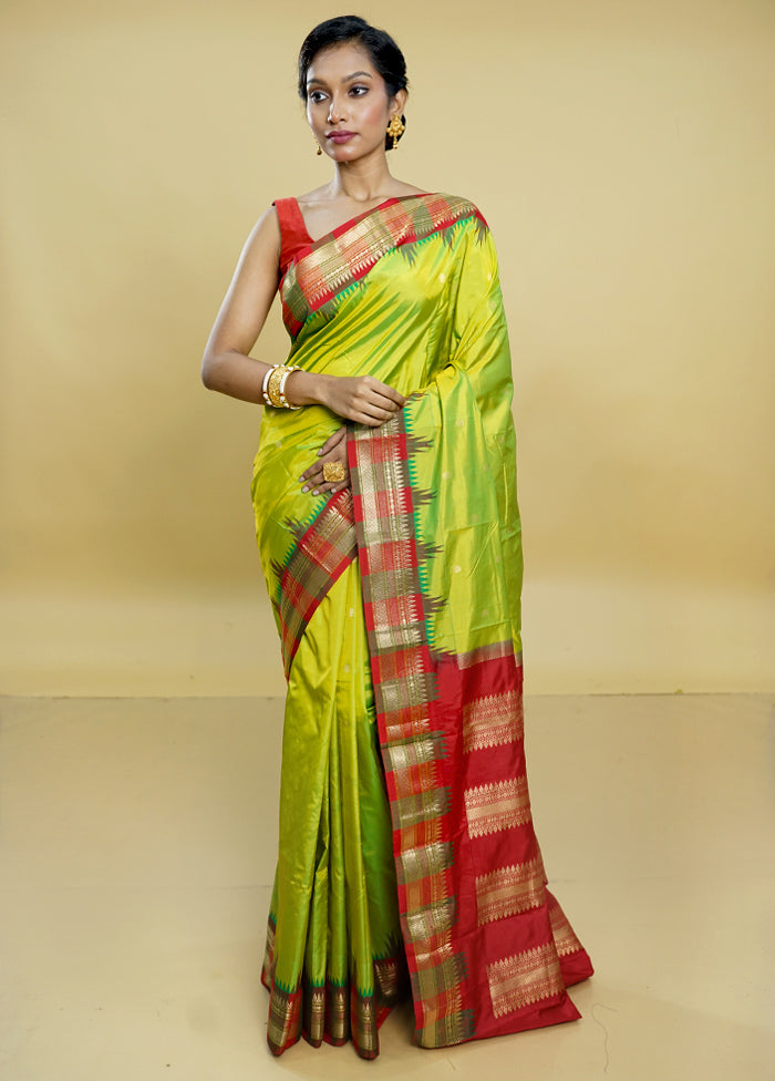 Green Handloom Kanjivaram Pure Silk Saree With Blouse Piece