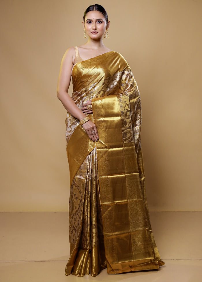 Gold Handloom Kanchipuram Pure Silk Saree With Blouse Piece