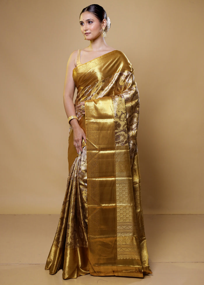 Gold Handloom Kanchipuram Pure Silk Saree With Blouse Piece