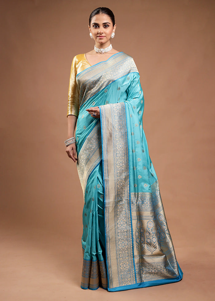 Blue Handloom Katan Pure Silk Saree With Blouse Piece