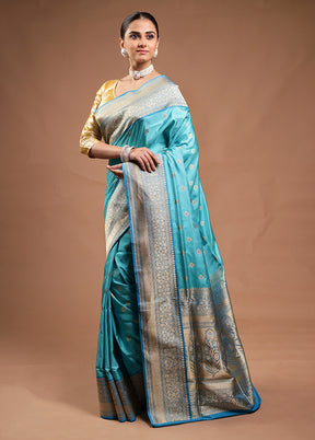 Blue Handloom Katan Pure Silk Saree With Blouse Piece