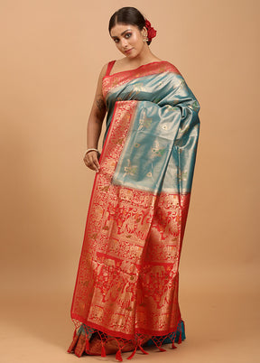 Green Dupion Silk Saree With Blouse Piece