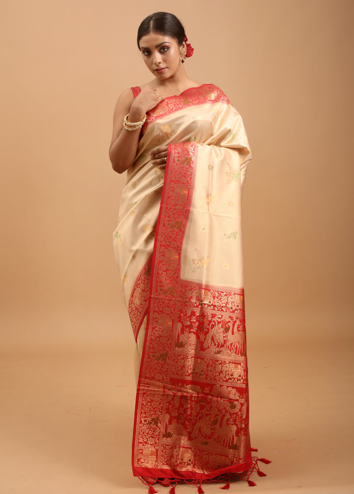 Cream Dupion Silk Saree With Blouse Piece