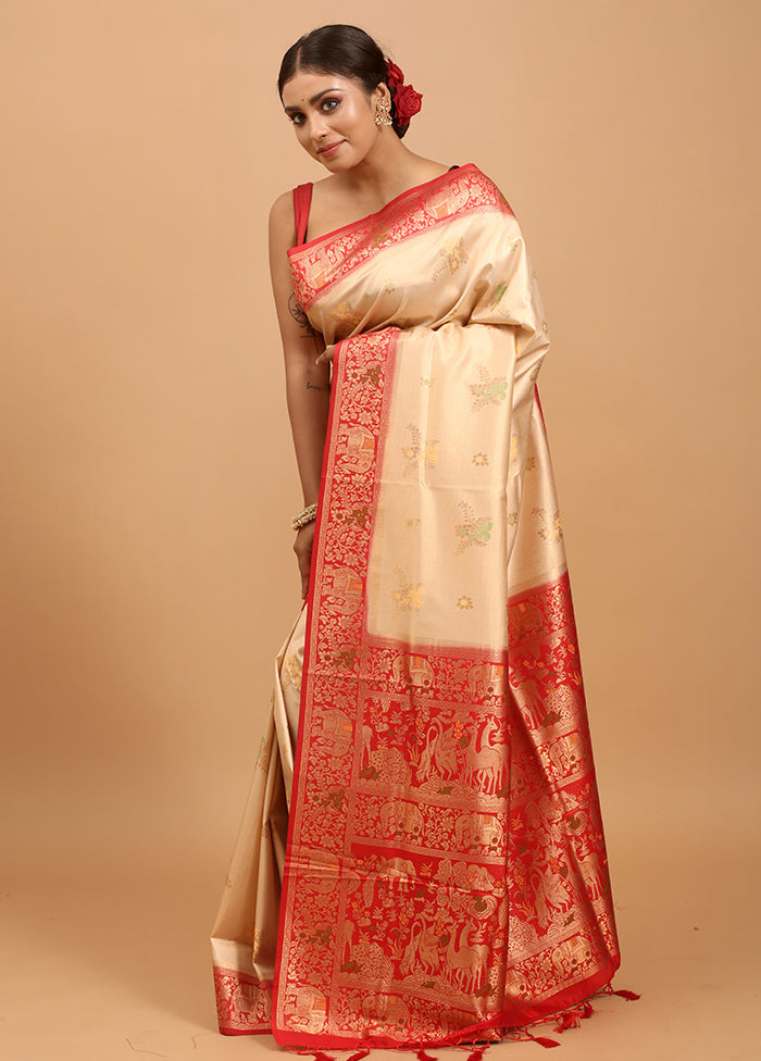 Cream Dupion Silk Saree With Blouse Piece