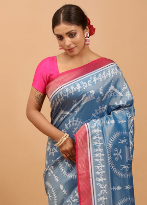 Blue Dupion Silk Saree With Blouse Piece