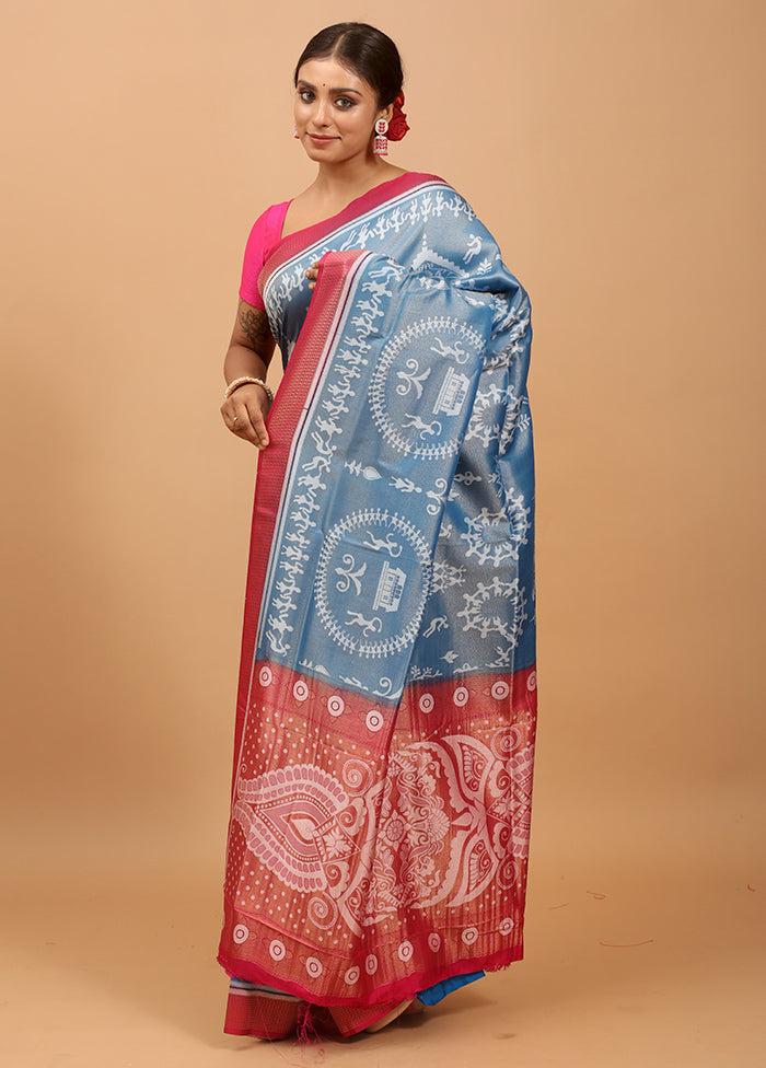 Blue Dupion Silk Saree With Blouse Piece