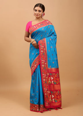 Blue Dupion Silk Saree With Blouse Piece