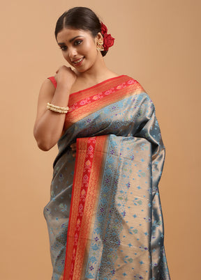 Blue Dupion Silk Saree With Blouse Piece