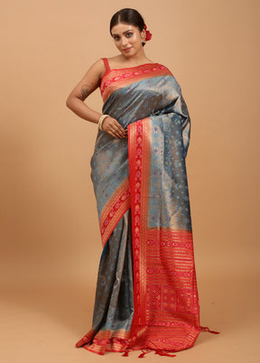 Blue Dupion Silk Saree With Blouse Piece