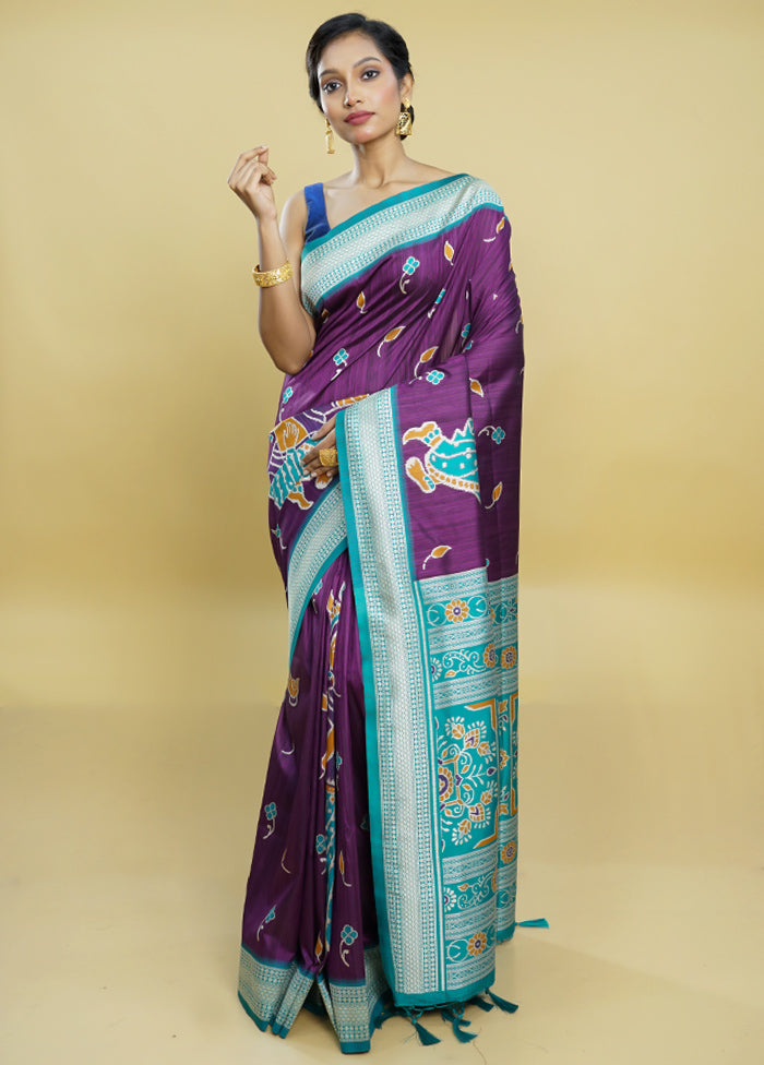 Purple Tussar Silk Saree With Blouse Piece