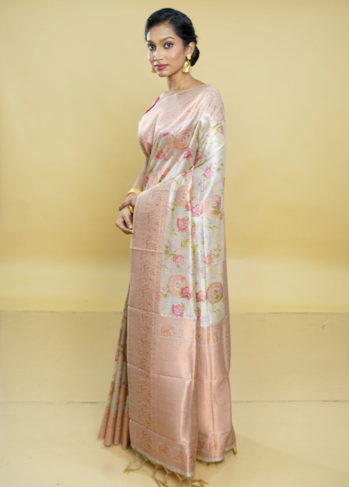 Cream Dupion Silk Saree With Blouse Piece