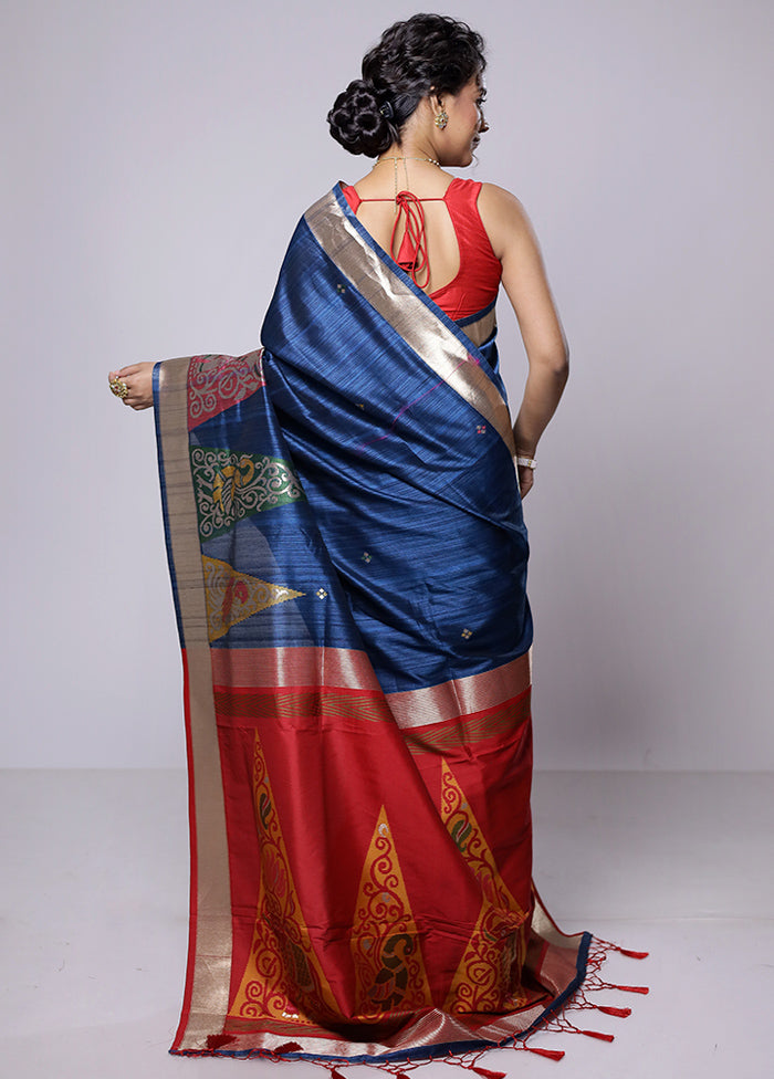 Blue Tussar Silk Saree With Blouse Piece