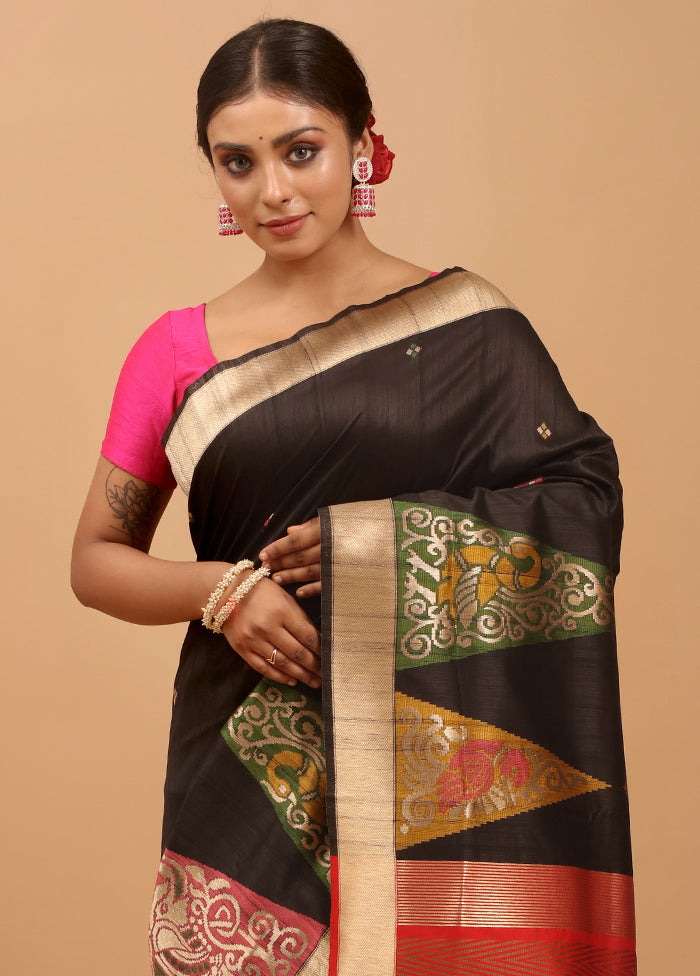 Black Tussar Silk Saree With Blouse Piece