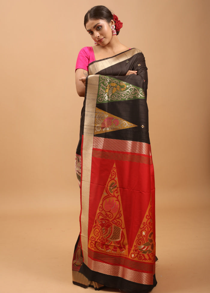 Black Tussar Silk Saree With Blouse Piece