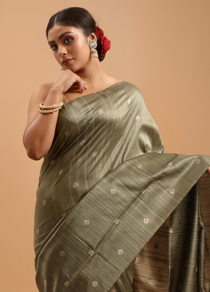 Green Tussar Silk Saree With Blouse Piece