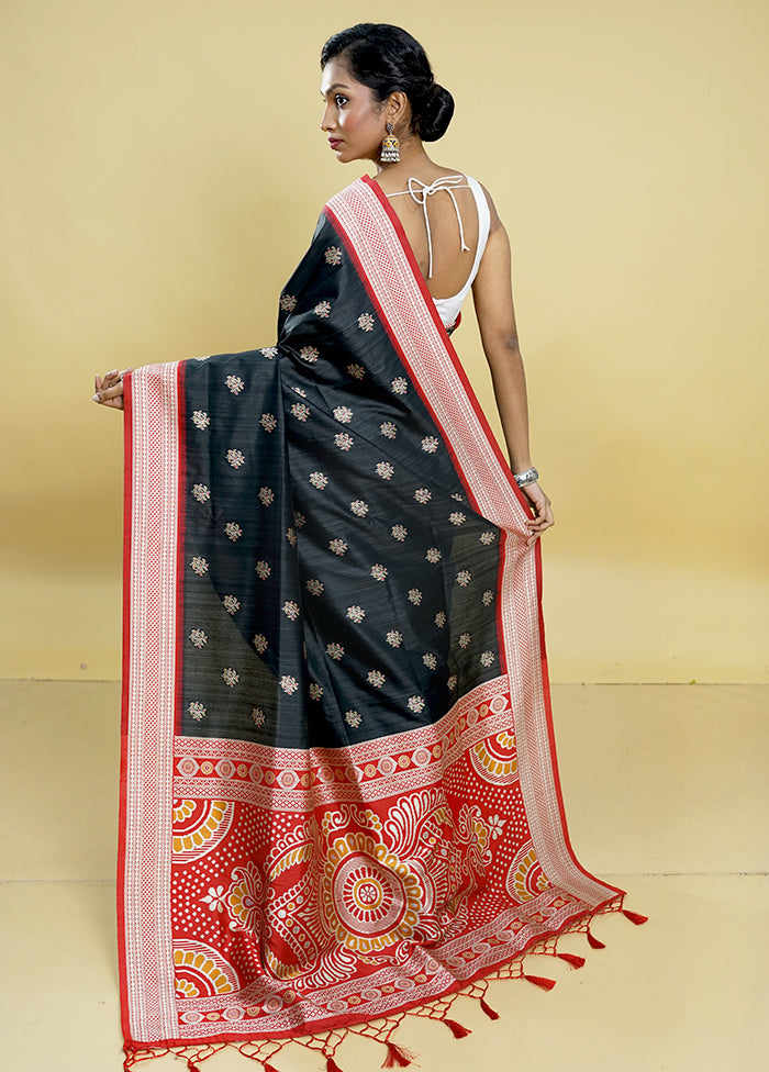 Black Tussar Silk Saree With Blouse Piece