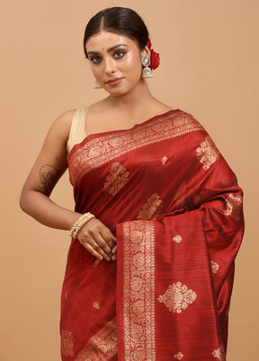 Maroon Dupion Silk Saree With Blouse Piece