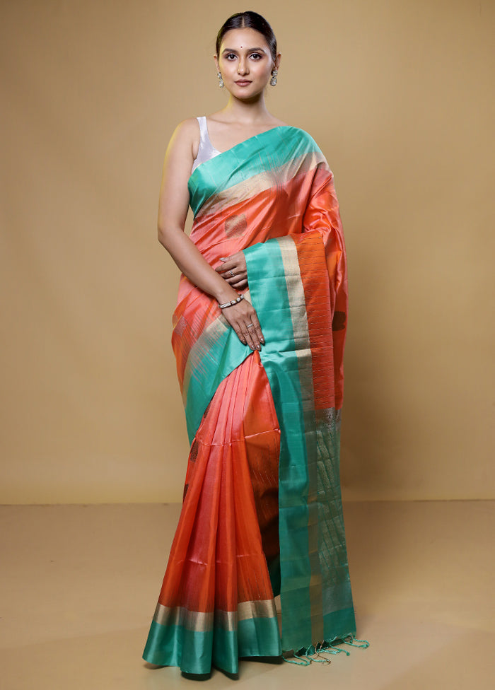 Orange Handloom Kanchipuram Pure Silk Saree With Blouse Piece