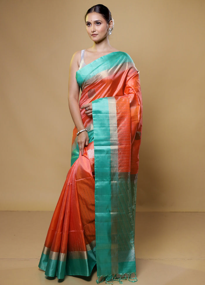 Orange Handloom Kanchipuram Pure Silk Saree With Blouse Piece