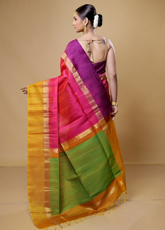 Pink Handloom Kanjivaram Pure Silk Saree With Blouse Piece