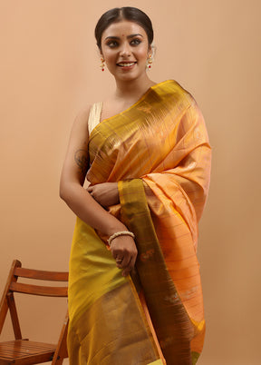 Orange Handloom Kanchipuram Pure Silk Saree With Blouse Piece