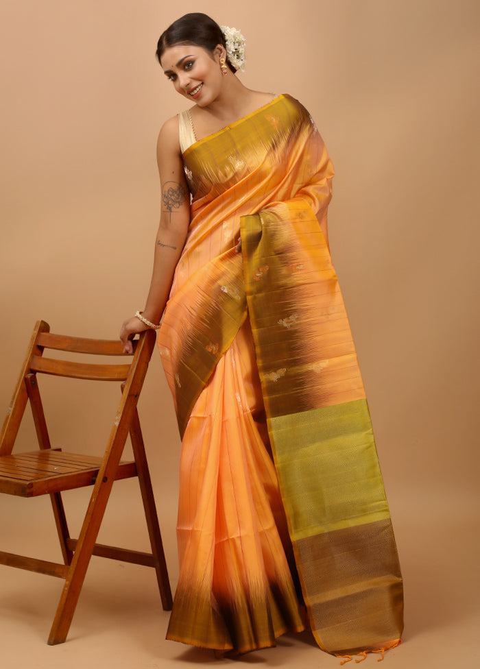 Orange Handloom Kanchipuram Pure Silk Saree With Blouse Piece