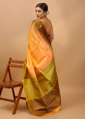 Orange Handloom Kanchipuram Pure Silk Saree With Blouse Piece