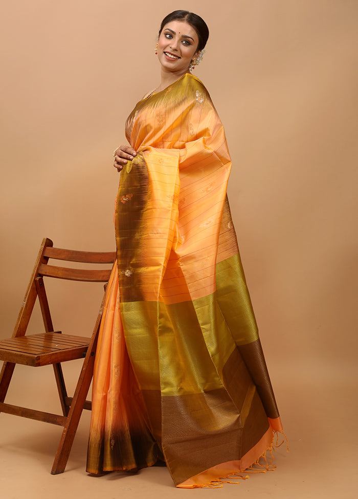 Orange Handloom Kanchipuram Pure Silk Saree With Blouse Piece