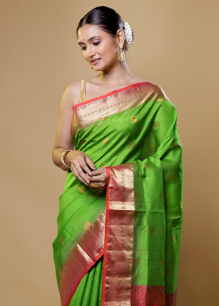 Green Handloom Kanchipuram Pure Silk Saree With Blouse Piece