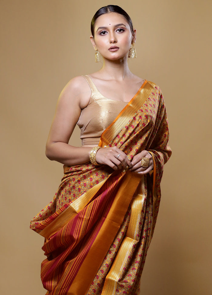 Yellow Handloom Printed Pure Silk Saree Without Blouse Piece