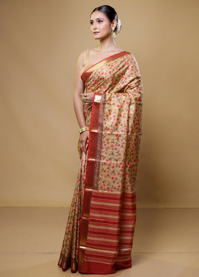 Cream Handloom Printed Pure Silk Saree Without Blouse Piece