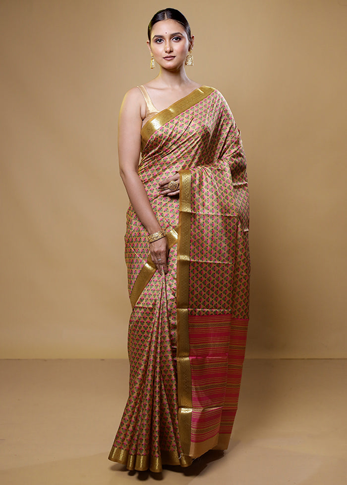 Cream Handloom Printed Pure Silk Saree With Blouse Piece