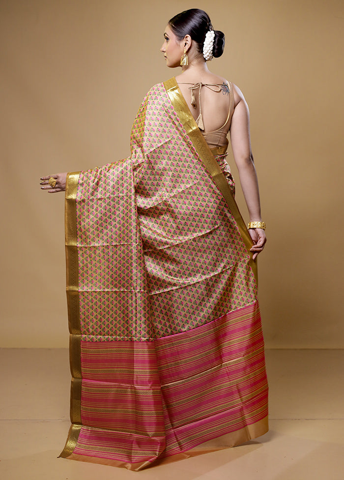 Cream Handloom Printed Pure Silk Saree With Blouse Piece