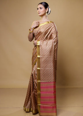 Cream Handloom Printed Pure Silk Saree With Blouse Piece