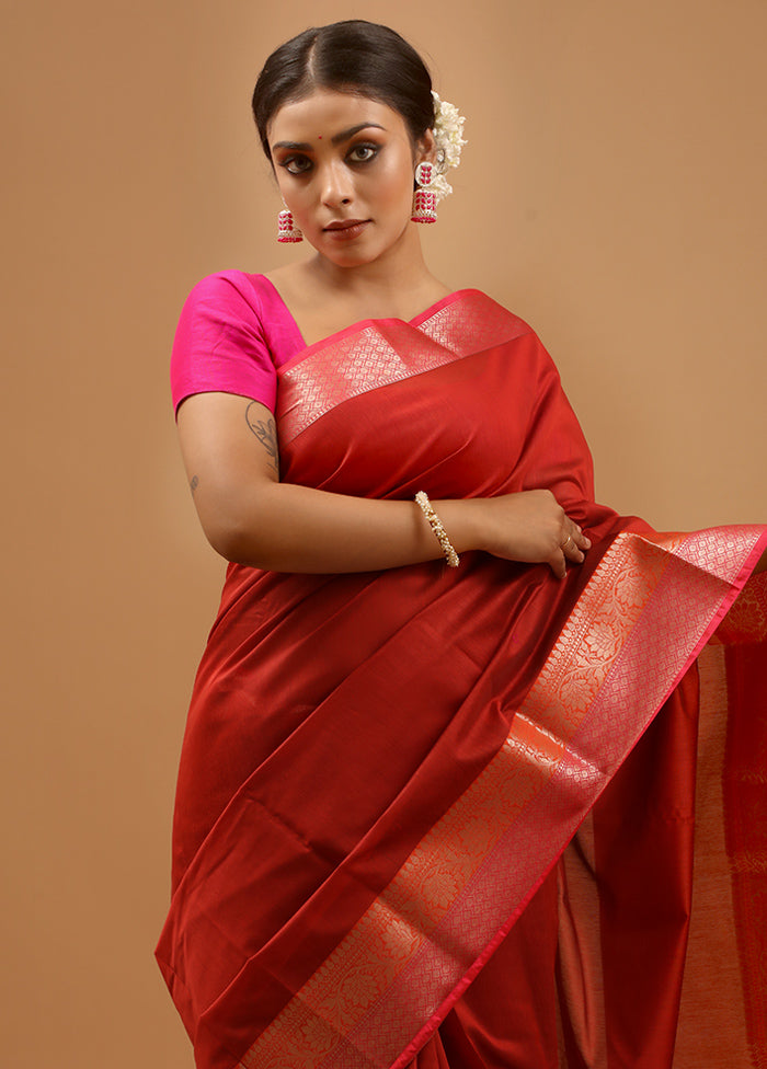 Maroon Cotton Saree With Blouse Piece