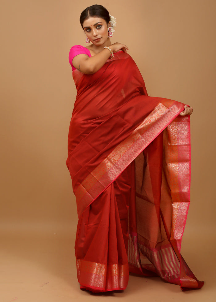 Maroon Cotton Saree With Blouse Piece