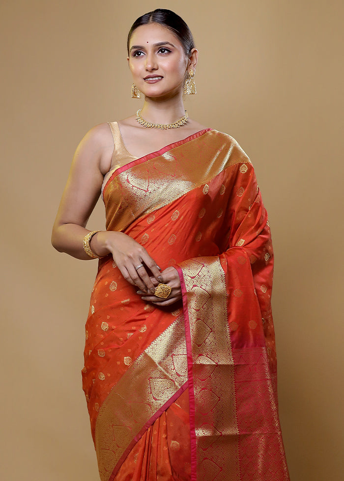 Rust Kanjivaram Silk Saree With Blouse Piece