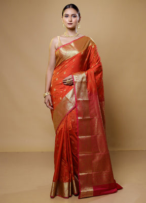 Rust Kanjivaram Silk Saree With Blouse Piece