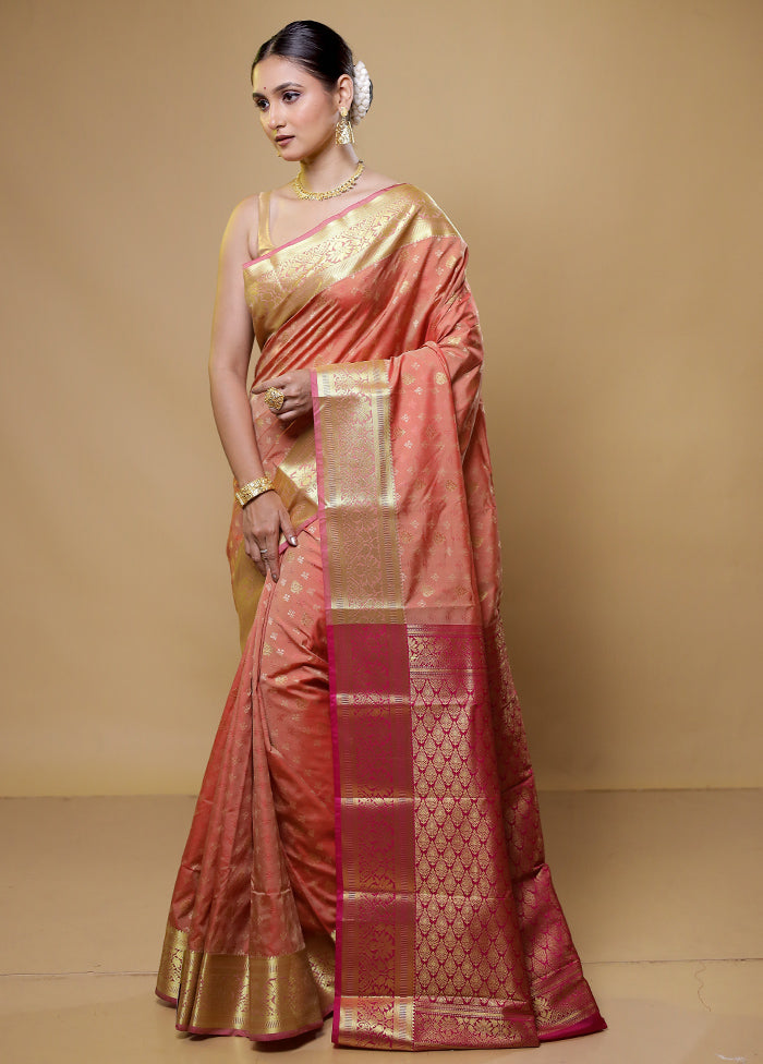 Peach Kanjivaram Silk Saree With Blouse Piece