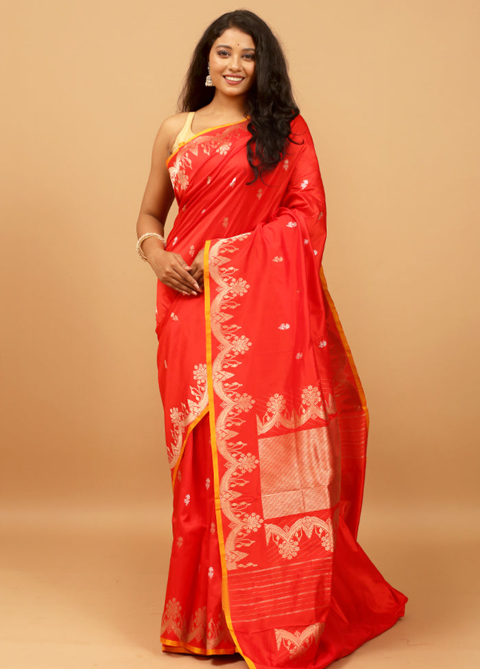 Red Handloom Katan Pure Silk Saree With Blouse Piece