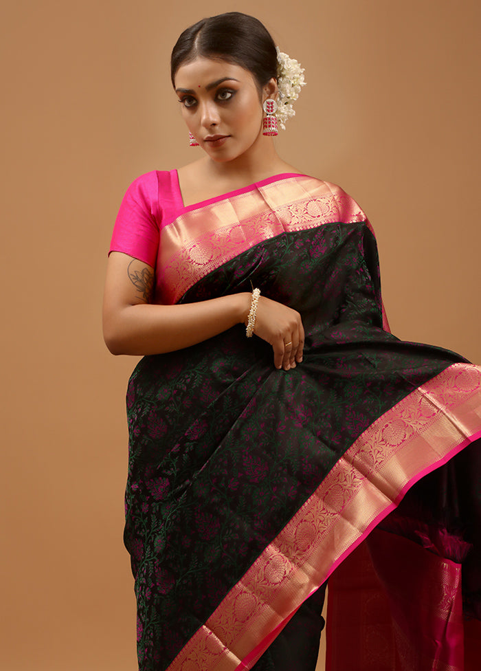 Black Handloom Kanchipuram Pure Silk Saree With Blouse Piece