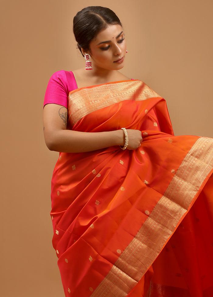 Orange Handloom Kanchipuram Pure Silk Saree With Blouse Piece