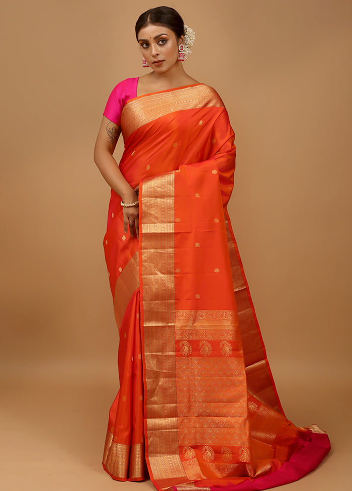 Orange Handloom Kanchipuram Pure Silk Saree With Blouse Piece